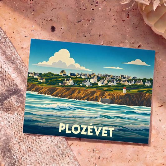 Carte postale souvenir de la ville de Plozévet avec une illustration stylisée d'un village côtier breton.
