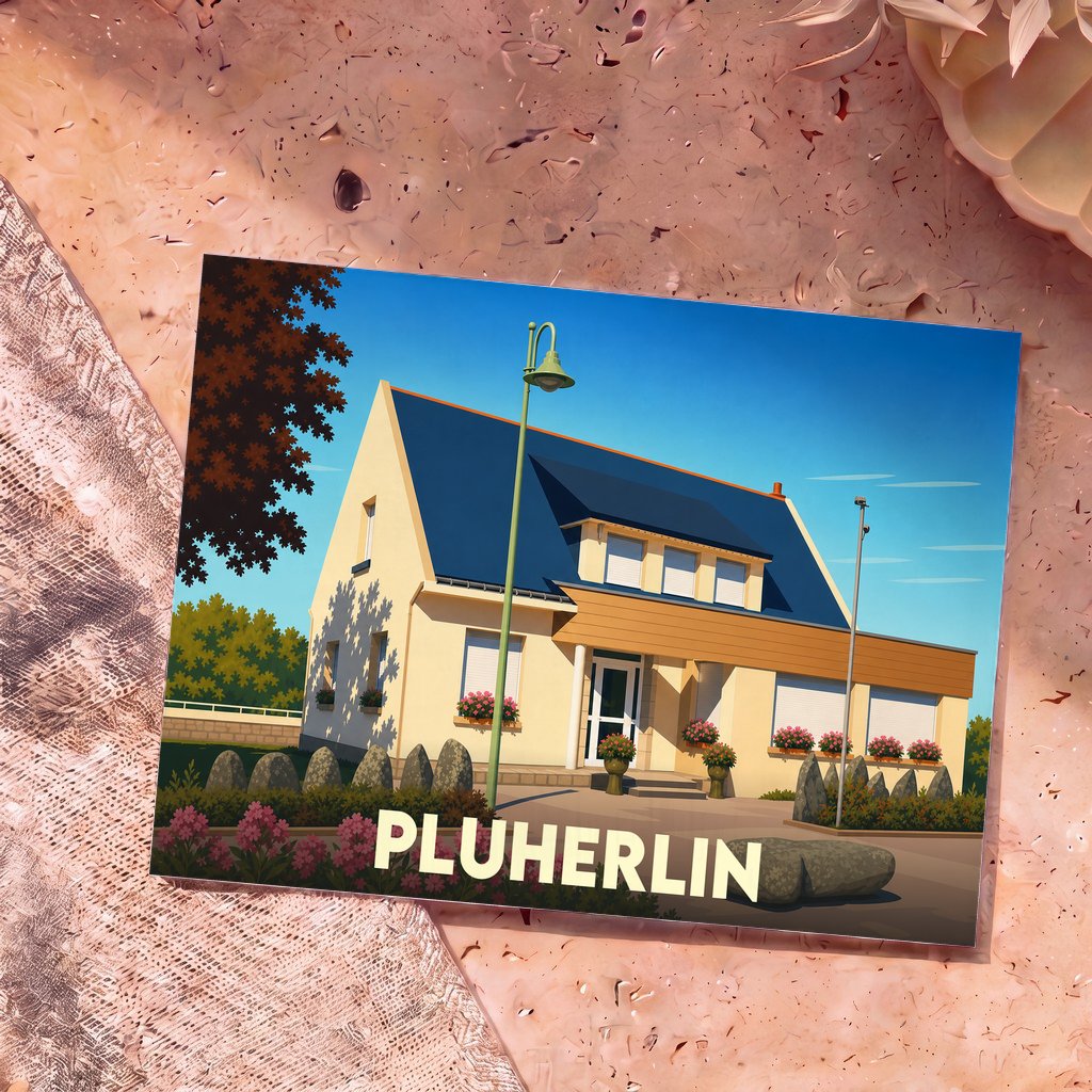 Carte postale souvenir de la ville de Pluherlin avec une illustration stylisée d'une maison bretonne.