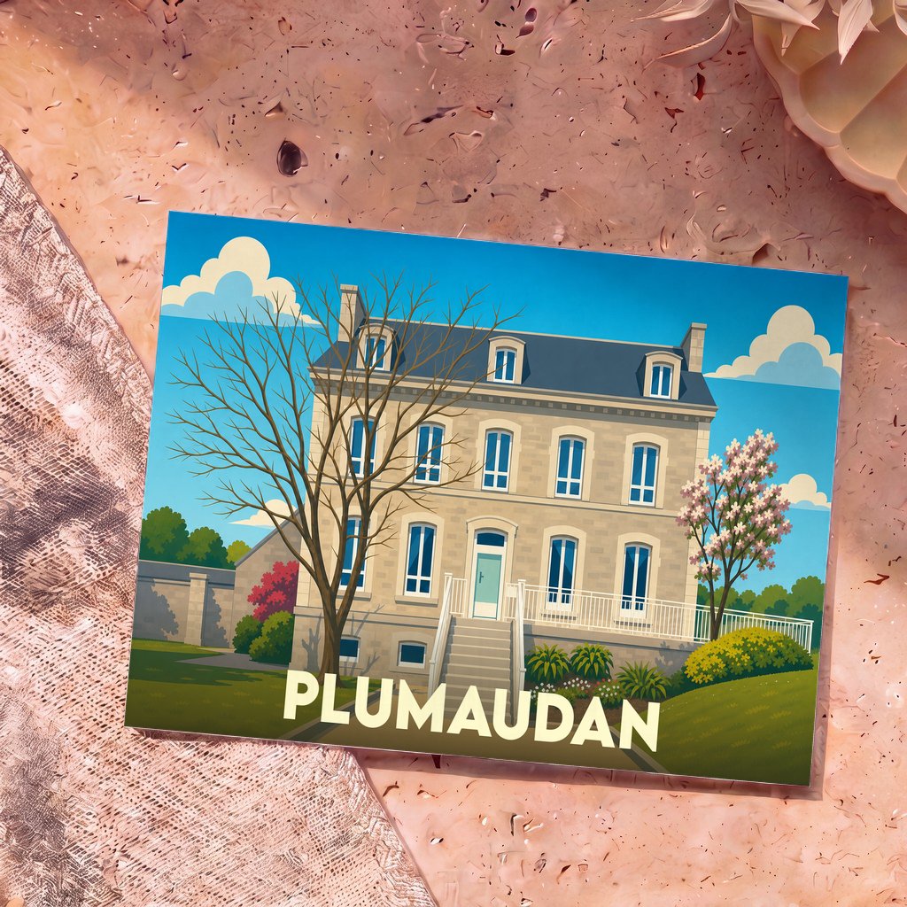 Carte postale souvenir de la ville de Plumaudan illustrant une demeure bourgeoise de style traditionnel.