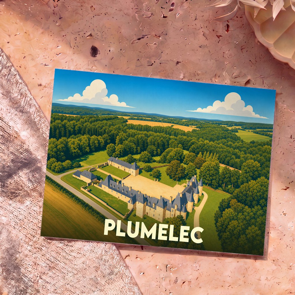 Carte postale souvenir de la ville de Plumelec illustrant son château et ses paysages verdoyants dans un style graphique épuré.