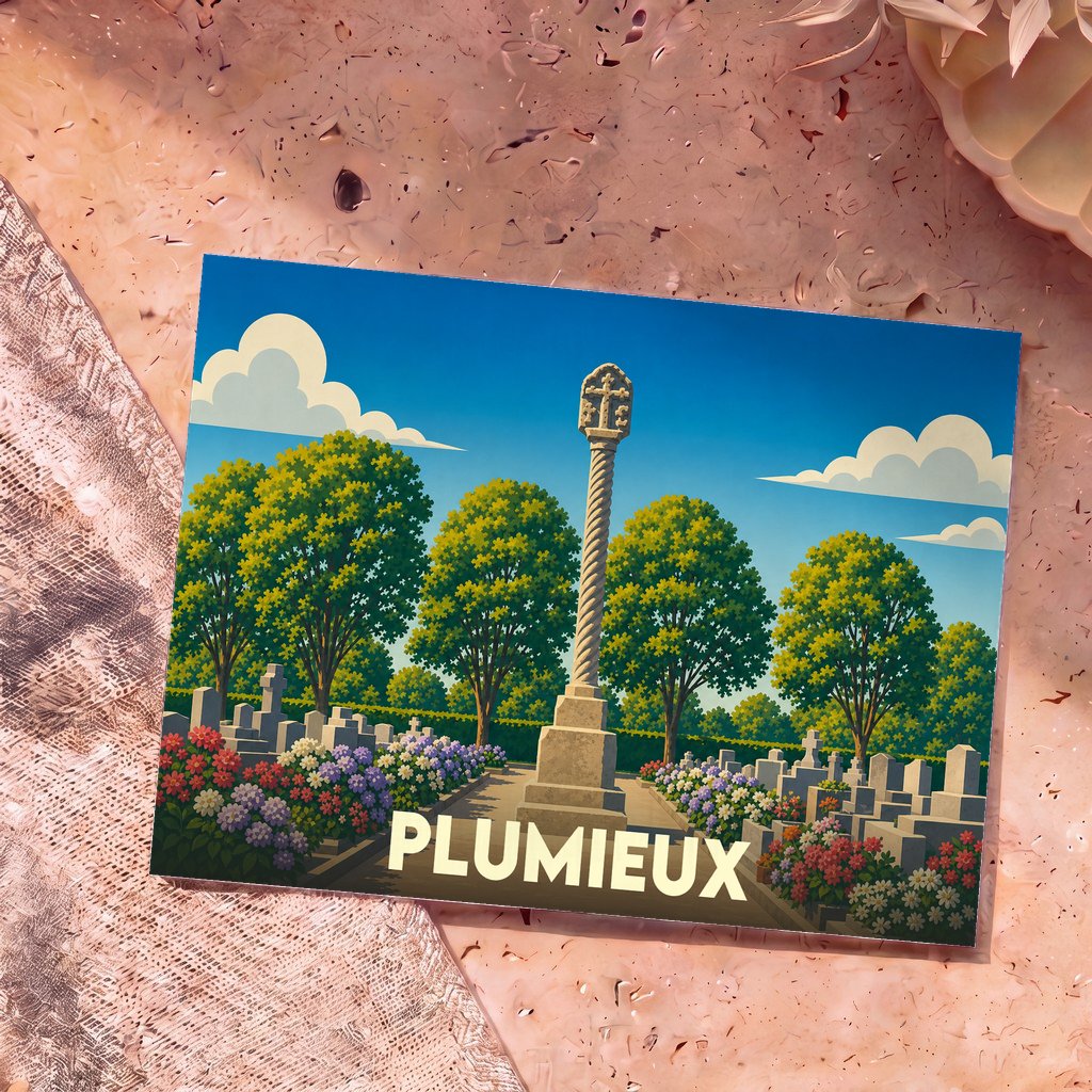Carte postale souvenir de la ville de Plumieux avec une illustration stylisée représentant un calvaire au cœur d'un cimetière fleuri.