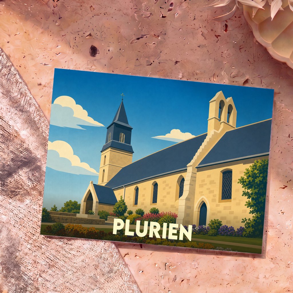 Carte postale souvenir de la ville de Plurien illustrant son église dans un style graphique épuré.