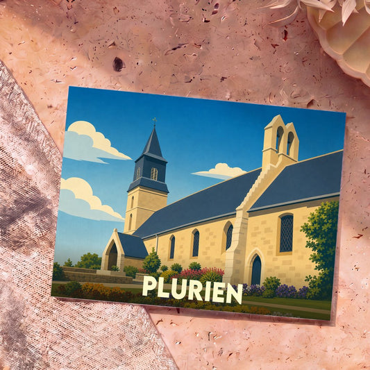 Carte postale souvenir de la ville de Plurien illustrant son église dans un style graphique épuré.