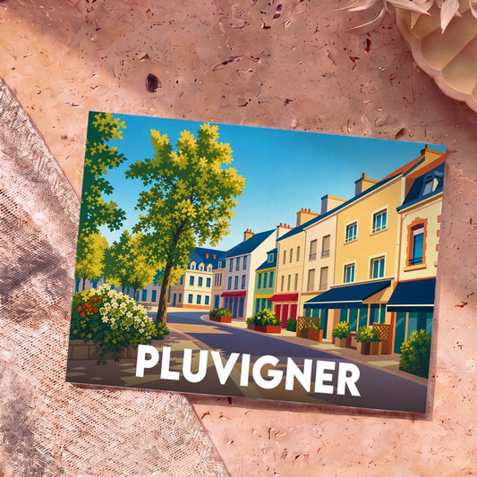 Carte postale souvenir de la ville de Pluvigner avec une illustration stylisée et colorée de ses rues.