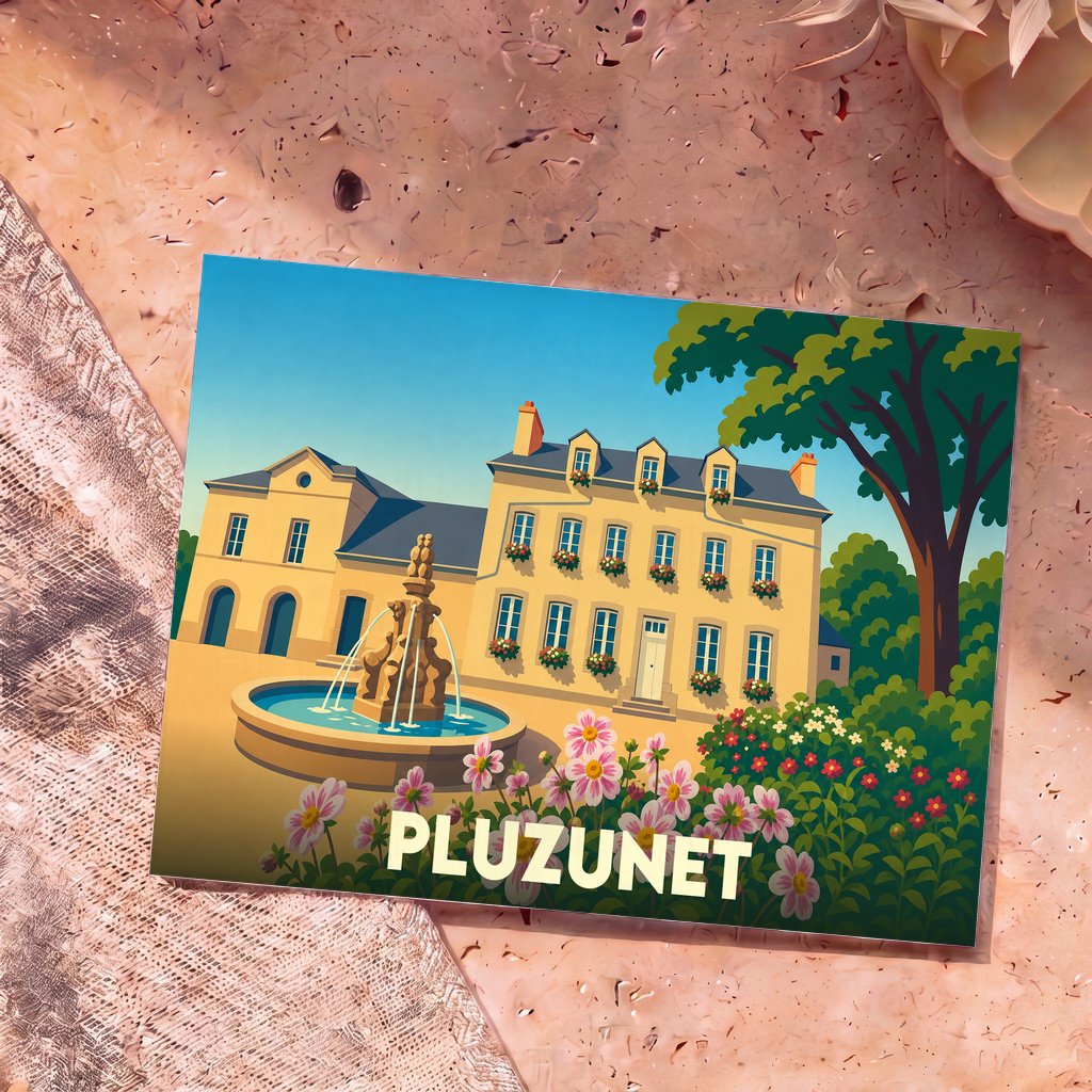 Carte postale souvenir de la ville de Pluzunet avec une illustration colorée représentant une demeure de caractère et sa fontaine.
