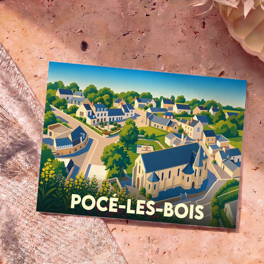 Carte postale souvenir de la ville de Pocé-les-Bois avec une illustration stylisée et colorée vue du ciel.