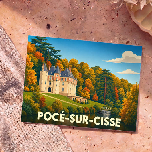 Carte postale souvenir de la ville de Pocé-sur-Cisse avec une illustration stylisée d'un château en automne.