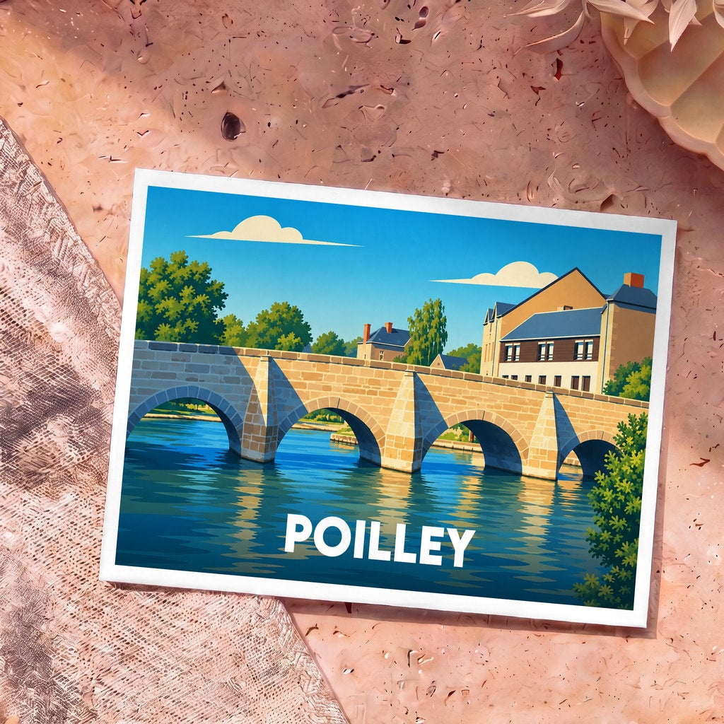 Carte postale souvenir de la ville de Poilley avec une illustration stylisée de son pont en pierre sur la rivière.