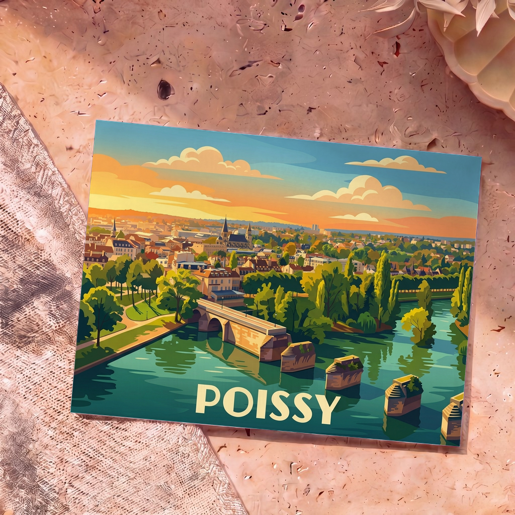 Carte postale souvenir de la ville de Poissy avec une illustration stylisée de son vieux pont et de la Seine au coucher du soleil.