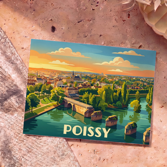 Carte postale souvenir de la ville de Poissy avec une illustration stylisée de son vieux pont et de la Seine au coucher du soleil.