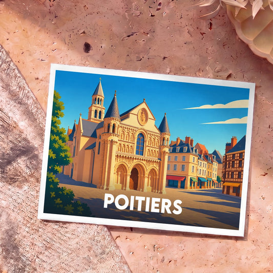 Carte postale souvenir de la ville de Poitiers avec une illustration stylisée de l'église Notre-Dame-la-Grande.