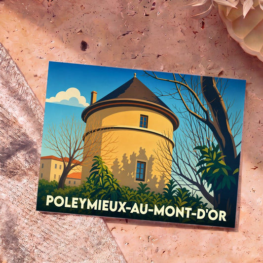 Carte postale souvenir de la ville de Poleymieux-au-Mont-d'Or avec une illustration stylisée d'une tour historique.