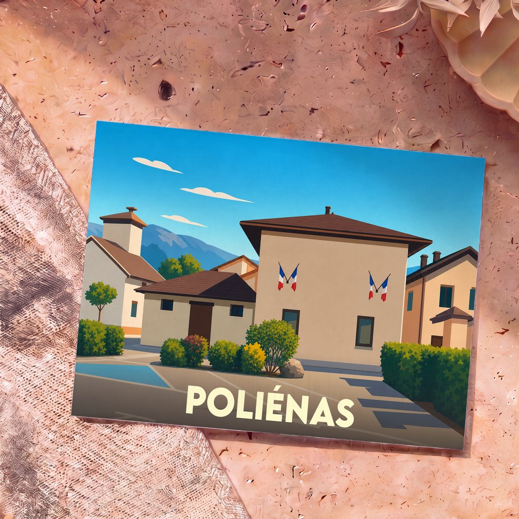 Carte postale souvenir de la ville de Poliénas avec une illustration stylisée de sa mairie.