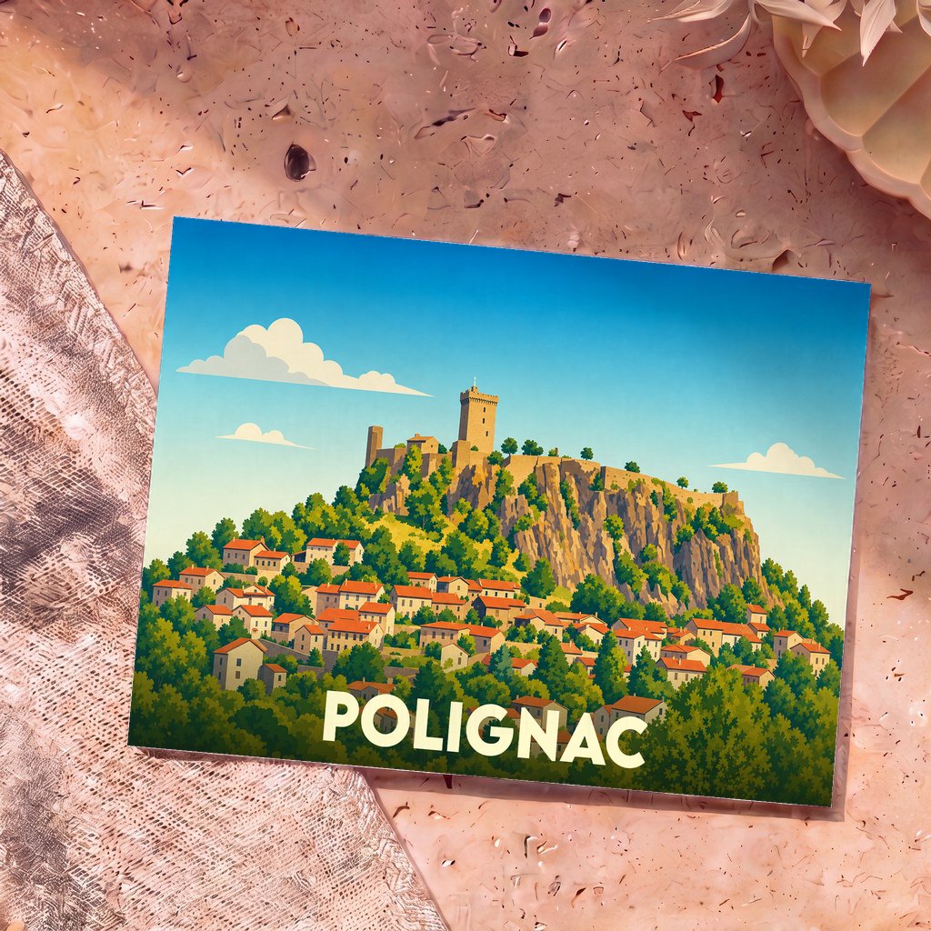 Carte postale souvenir de la ville de Polignac avec une illustration stylisée de sa forteresse sur un piton rocheux.