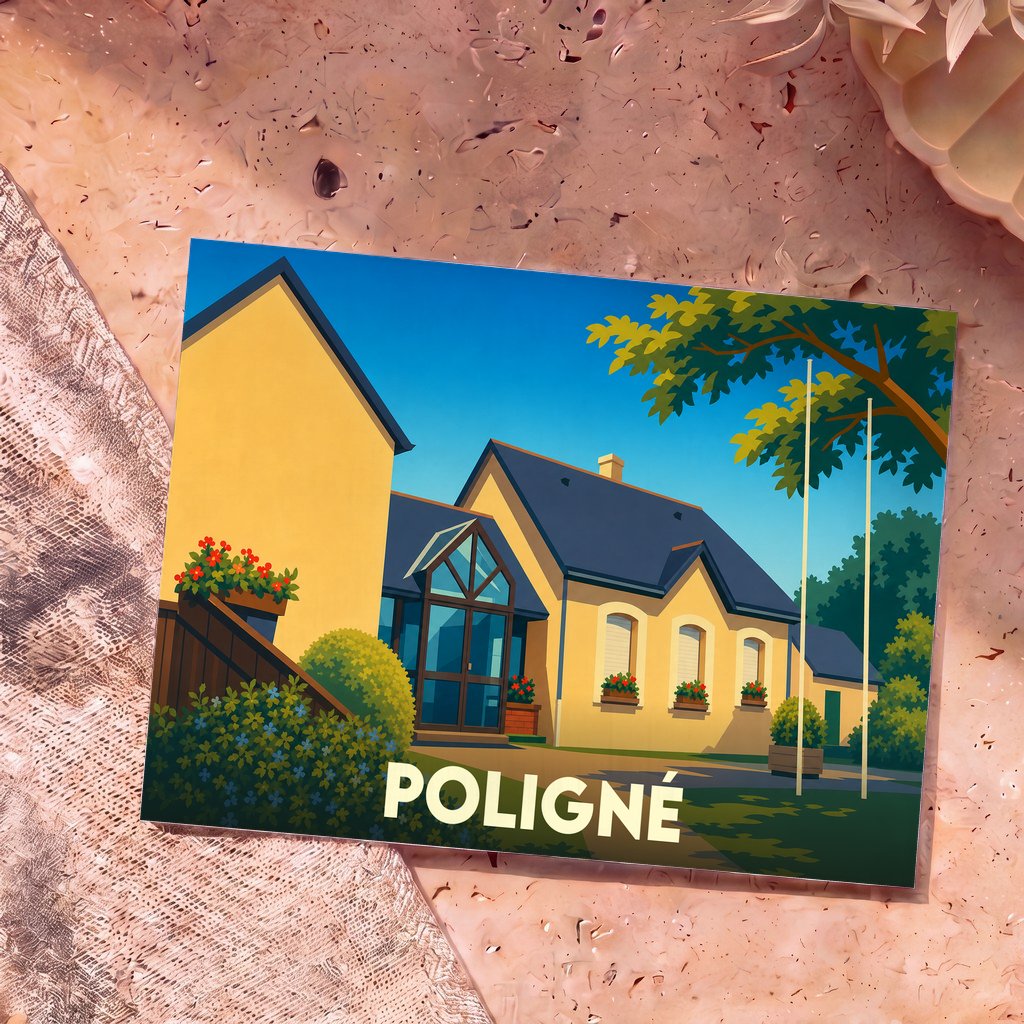 Carte postale souvenir de la ville de Poligné avec une illustration stylisée d'une maison jaune sous un ciel bleu.
