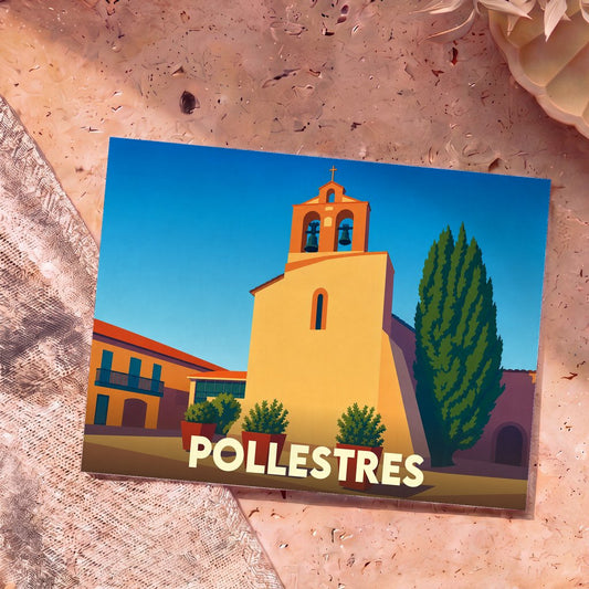 Carte postale souvenir de la ville de Pollestres avec une illustration stylisée de son église et d'un cyprès.