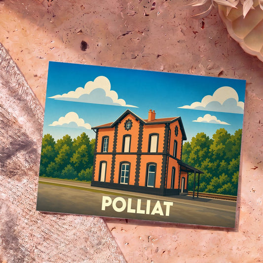 Carte postale souvenir de la ville de Polliat avec une illustration stylisée de son ancienne gare.