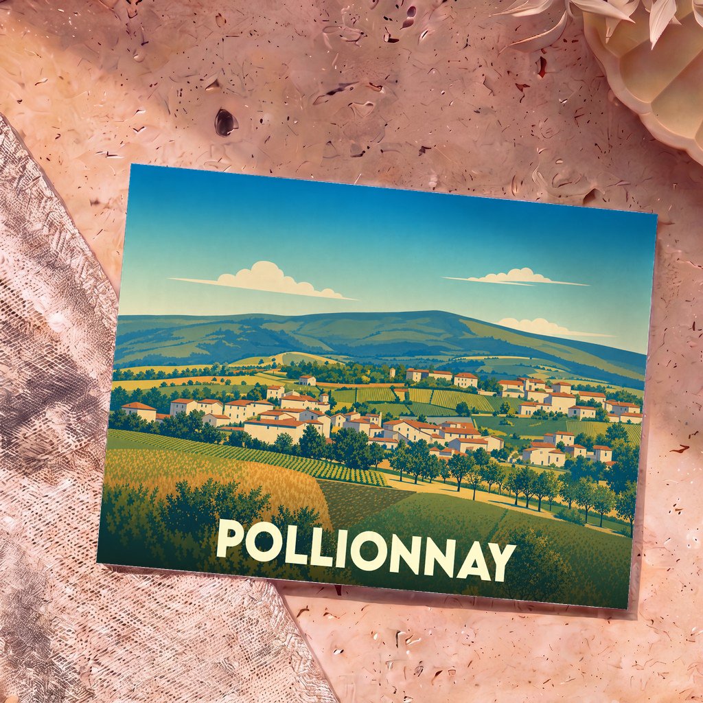 Carte postale souvenir de la ville de Pollionnay avec une illustration stylisée de son paysage vallonné.