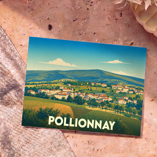 Carte postale souvenir de la ville de Pollionnay avec une illustration stylisée de son paysage vallonné.