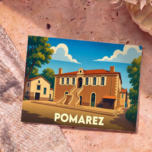 Carte postale souvenir de la ville de Pomarez avec une illustration stylisée de ses arènes.