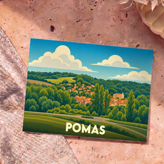 Carte postale souvenir de la ville de Pomas avec une illustration stylisée d'un village niché dans une vallée verdoyante.