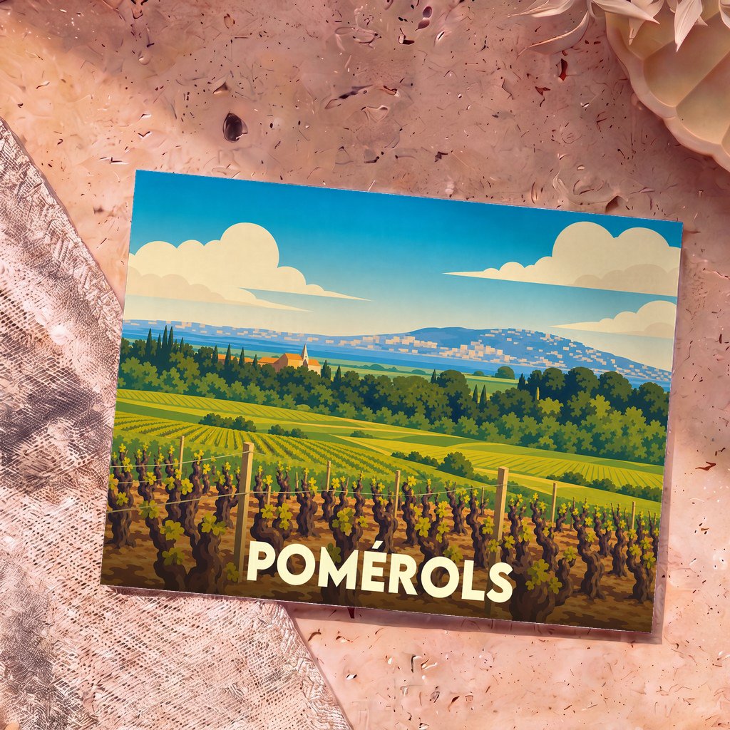 Carte postale souvenir de la ville de Pomérols avec une illustration stylisée de son paysage de vignobles.