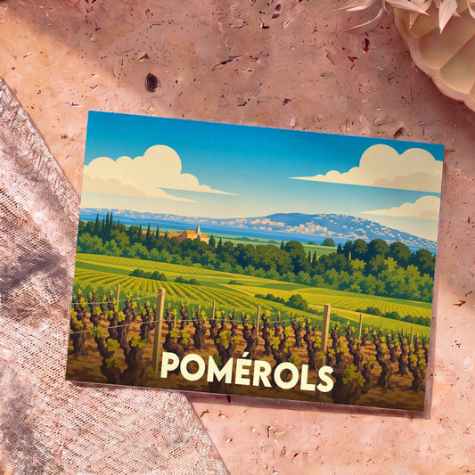 Carte postale souvenir de la ville de Pomérols avec une illustration stylisée de son paysage de vignobles.