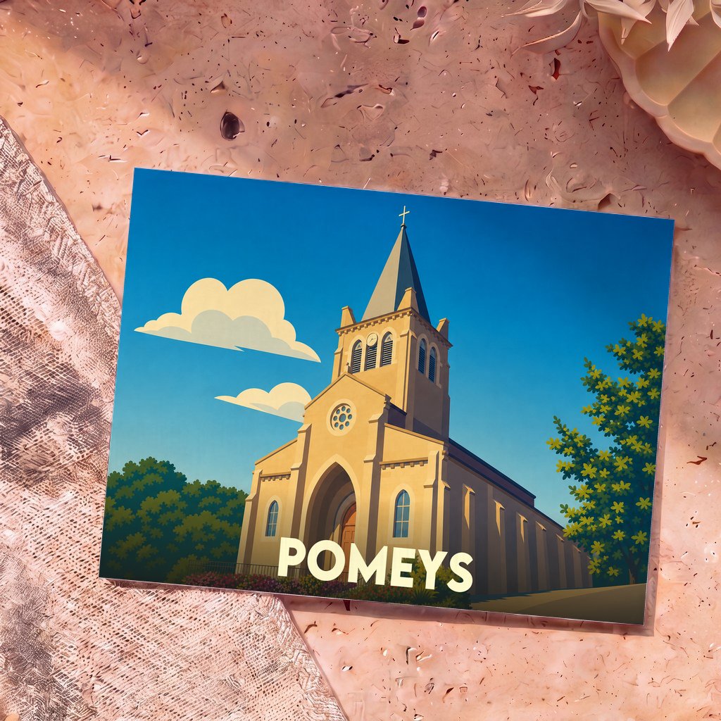 Carte postale souvenir de la ville de Pomeys avec une illustration stylisée d'une église sous un ciel bleu.