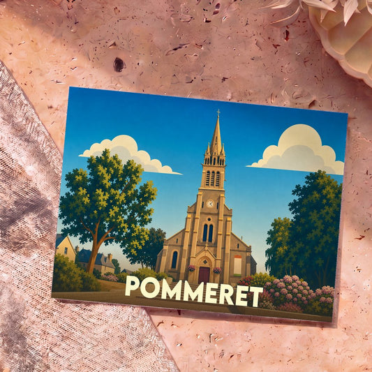 Carte postale souvenir de la ville de Pommeret avec une illustration stylisée de son église.