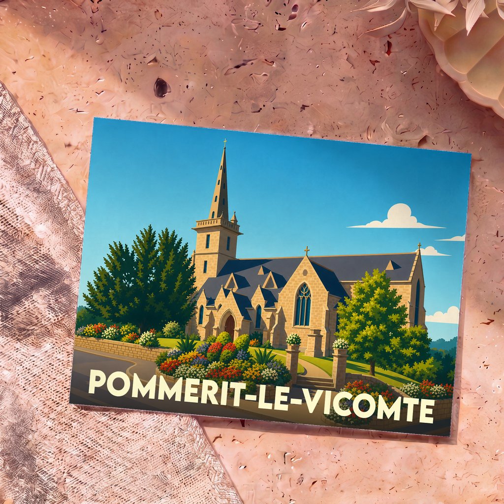 Carte postale souvenir de Pommerit-le-Vicomte avec une illustration stylisée de son église et de ses jardins fleuris.