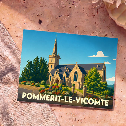 Carte postale souvenir de Pommerit-le-Vicomte avec une illustration stylisée de son église et de ses jardins fleuris.