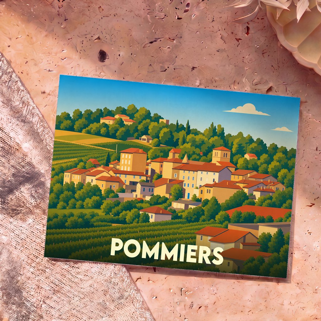Carte postale souvenir de la ville de Pommiers avec une illustration stylisée d'un village niché dans les vignobles.