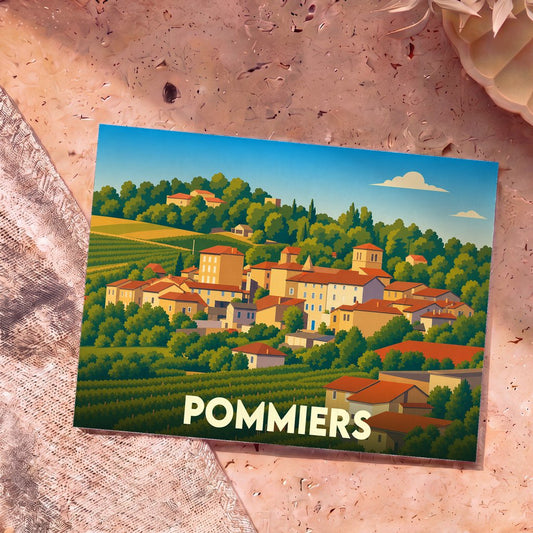 Carte postale souvenir de la ville de Pommiers avec une illustration stylisée d'un village niché dans les vignobles.