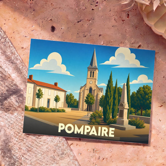Carte postale souvenir de la ville de Pompaire illustrant son église et son monument aux morts dans un style graphique épuré.