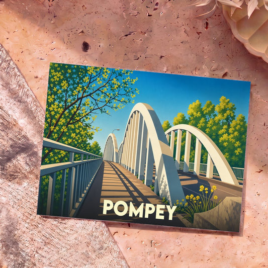 Carte postale souvenir de la ville de Pompey illustrant son pont bow-string dans un style graphique épuré.