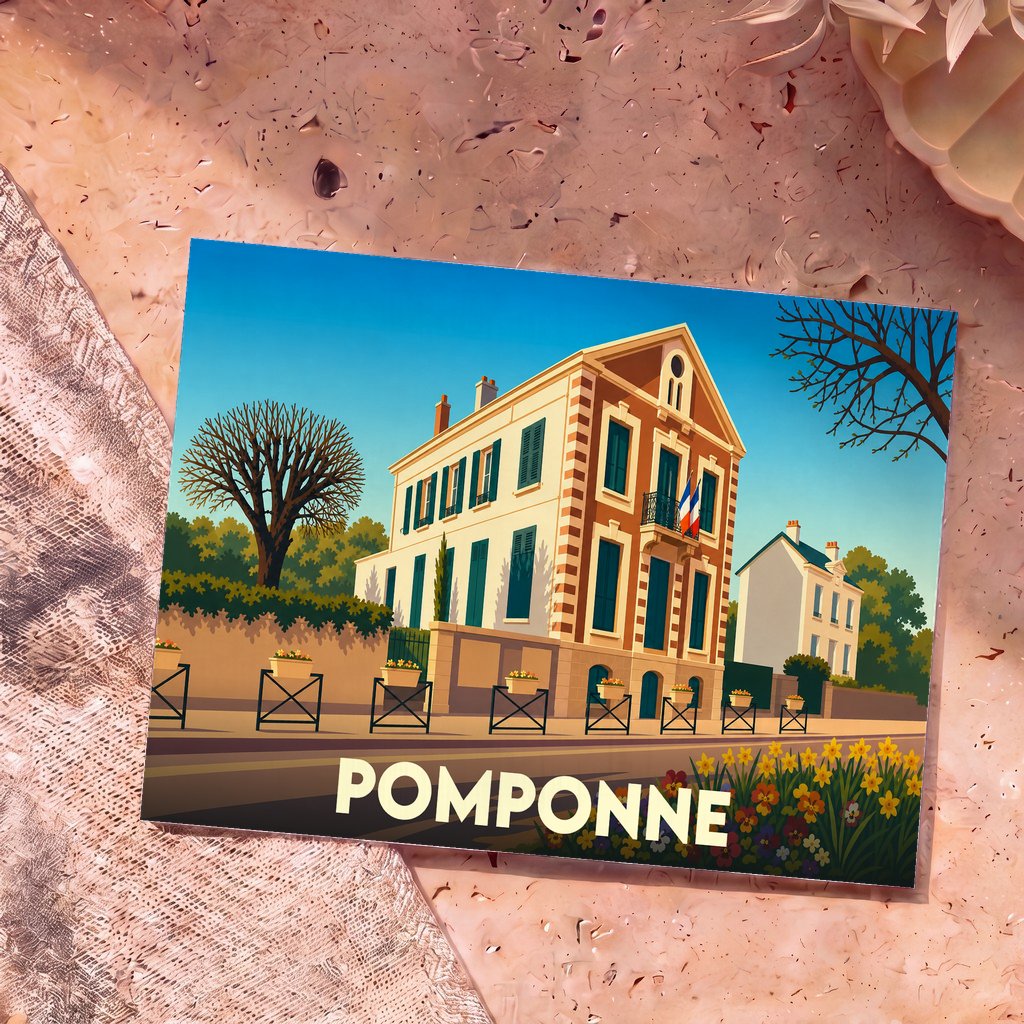 Carte postale souvenir de la ville de Pomponne avec une illustration stylisée de sa mairie.