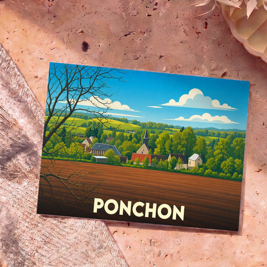 Carte postale souvenir de la ville de Ponchon illustrant un paysage de campagne vallonné avec ses maisons et son église.