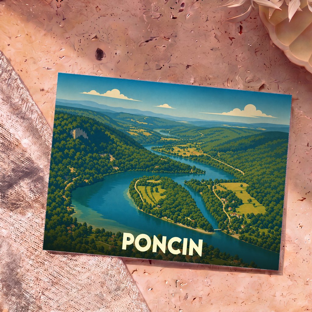 Carte postale souvenir de la ville de Poncin représentant une vue aérienne stylisée d'un méandre de rivière au cœur d'une vallée verdoyante.