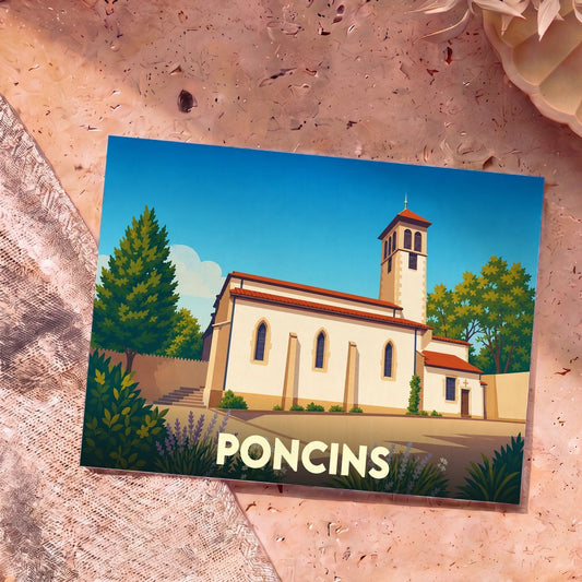 Carte postale souvenir de la ville de Poncins illustrant son église dans un style graphique épuré.