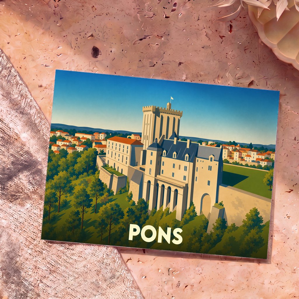Carte postale souvenir de la ville de Pons avec une illustration stylisée de son donjon médiéval.