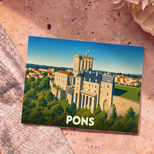 Carte postale souvenir de la ville de Pons avec une illustration stylisée de son donjon médiéval.