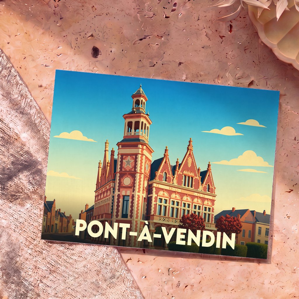 Carte postale souvenir de la ville de Pont-à-Vendin avec une illustration stylisée de son hôtel de ville.