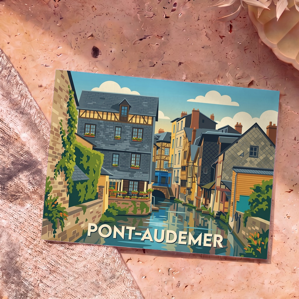 Carte postale souvenir de la ville de Pont-Audemer illustrant ses canaux et maisons à colombages dans un style graphique coloré.