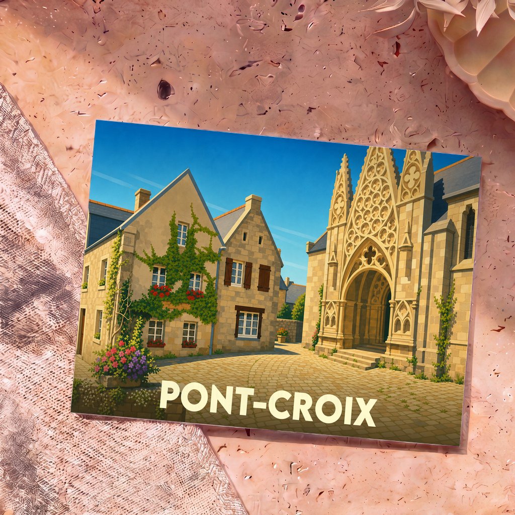 Carte postale souvenir de la ville de Pont-Croix avec une illustration stylisée d'une ruelle fleurie et de son église.