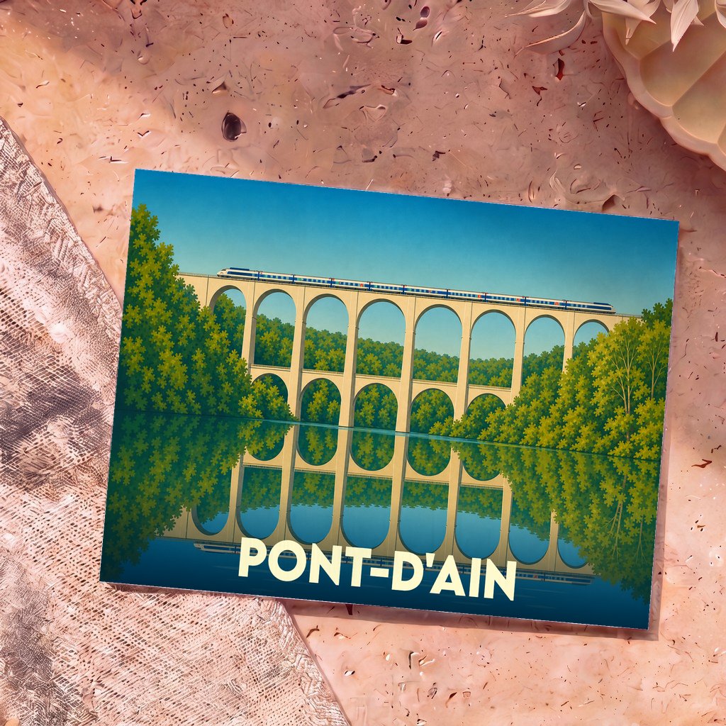 Carte postale souvenir de la ville de Pont-d'Ain illustrant son célèbre viaduc ferroviaire se reflétant dans la rivière.