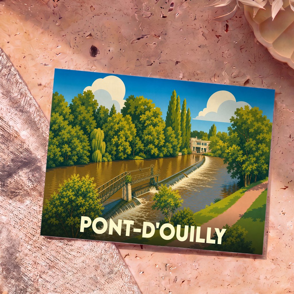 Carte postale souvenir de la ville de Pont-d'Ouilly avec une illustration stylisée d'un barrage sur l'Orne.