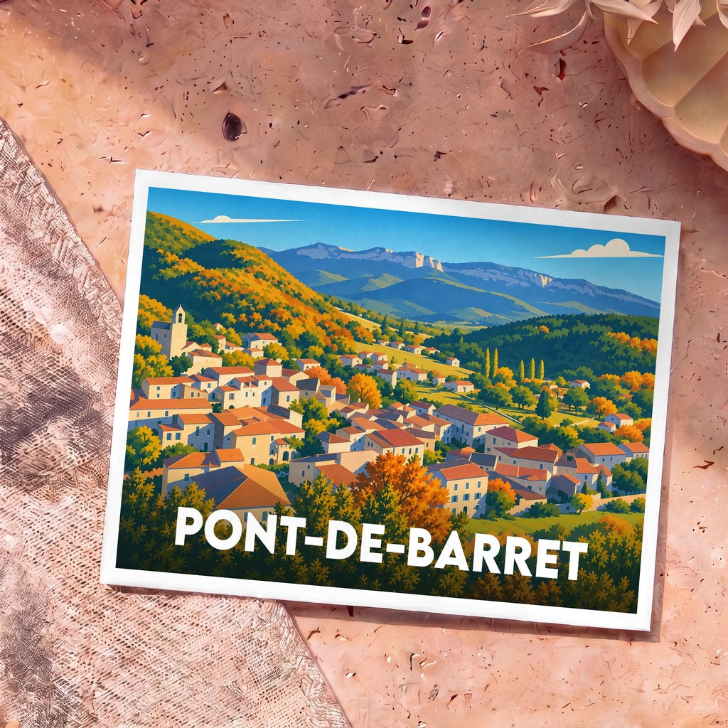 Carte postale souvenir de la ville de Pont-de-Barret avec une illustration stylisée et colorée.