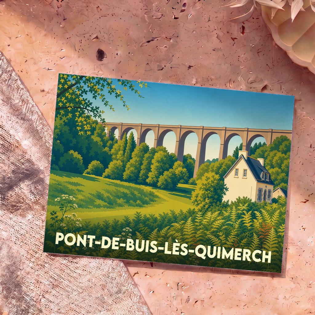 Carte postale souvenir de la ville de Pont-de-Buis-lès-Quimerch illustrant son viaduc et sa nature verdoyante dans un style épuré.
