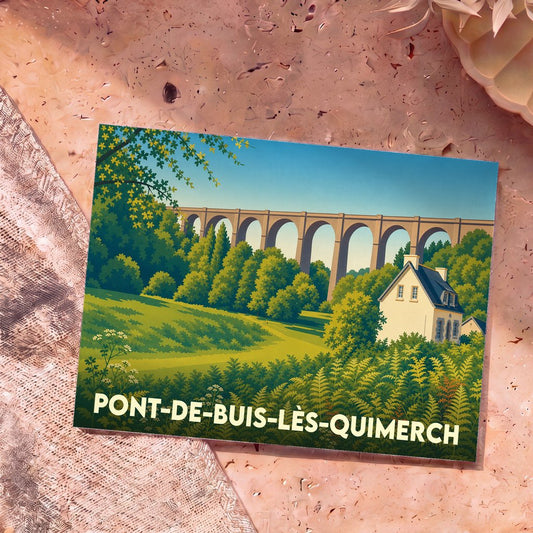 Carte postale souvenir de la ville de Pont-de-Buis-lès-Quimerch illustrant son viaduc et sa nature verdoyante dans un style épuré.