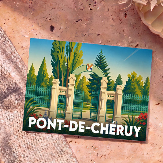 Carte postale souvenir de la ville de Pont-de-Chéruy illustrant le portail d'un parc boisé dans un style rétro.